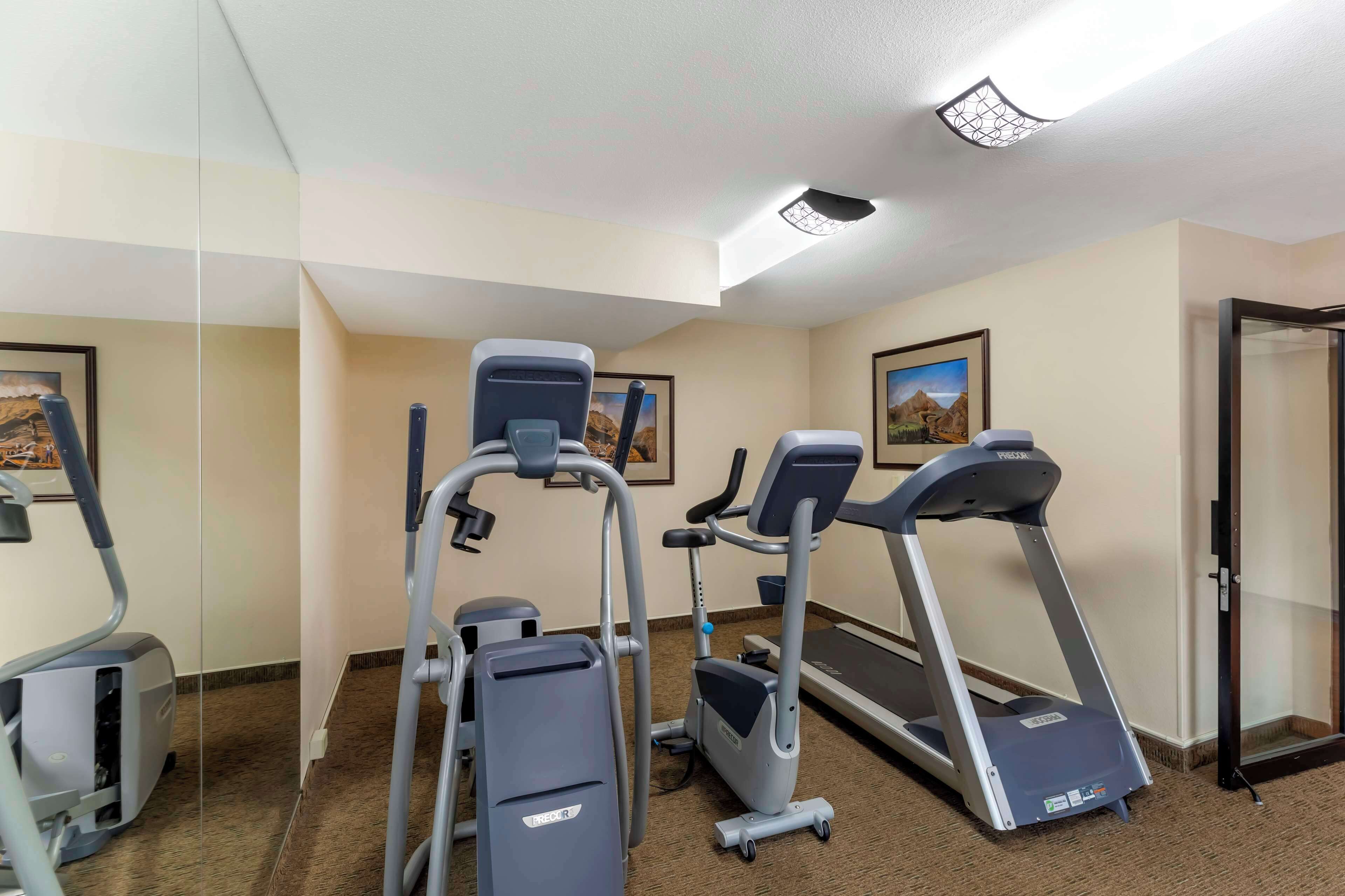 A fitness room with treadmills, elliptical machines, and a stationary bike.