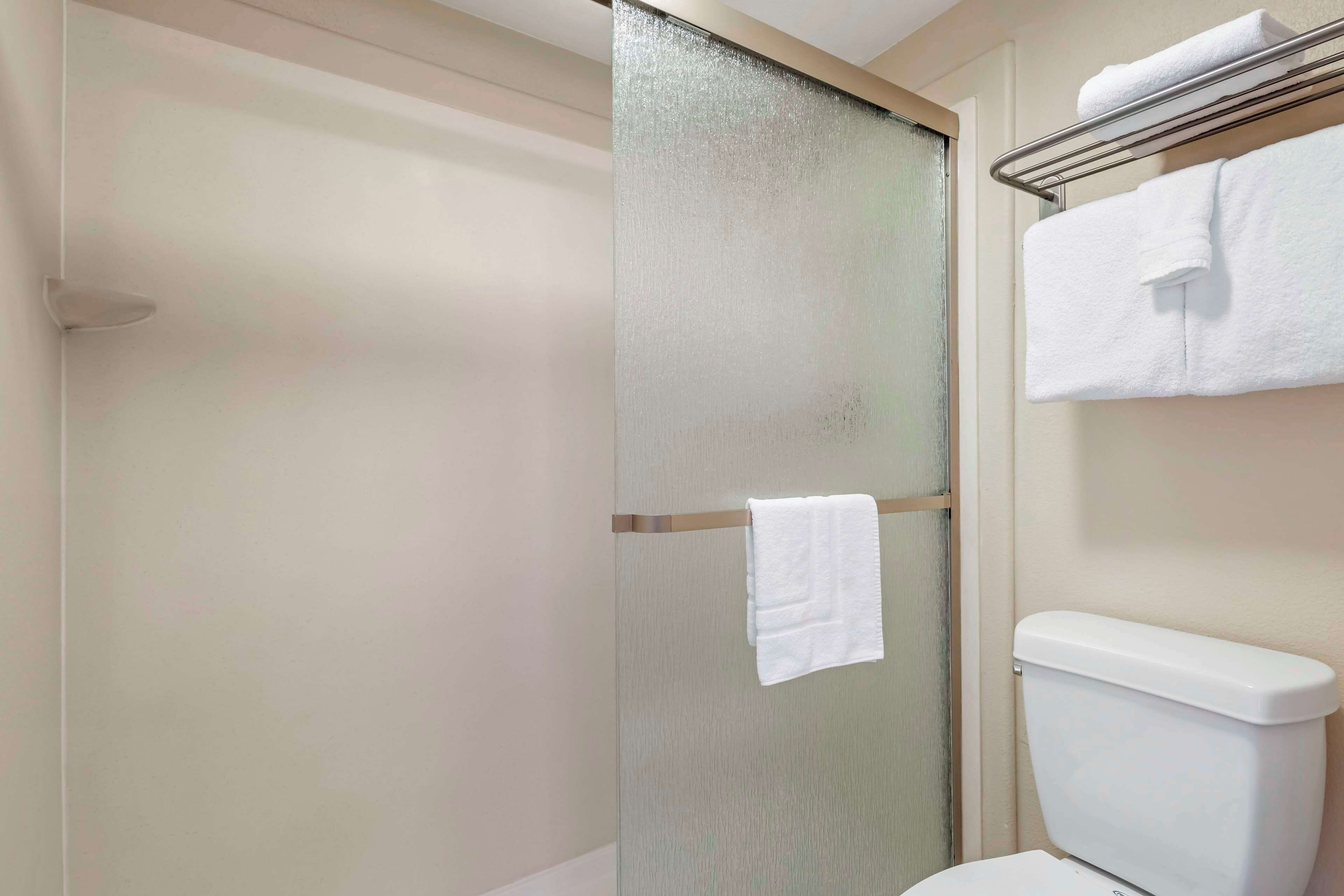 A bathroom with a shower, a toilet, and a towel rack with two towels.