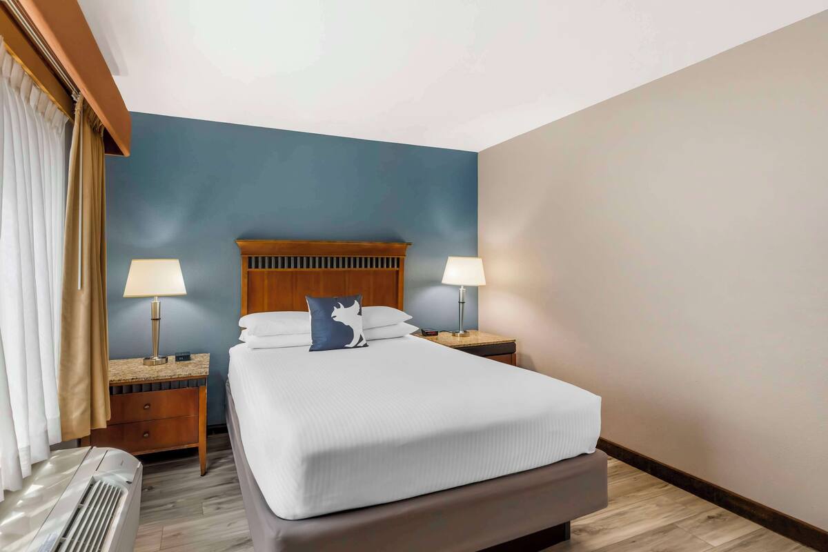 A hotel room with a large bed, two bedside tables with lamps, a wooden headboard, and a window with curtains.