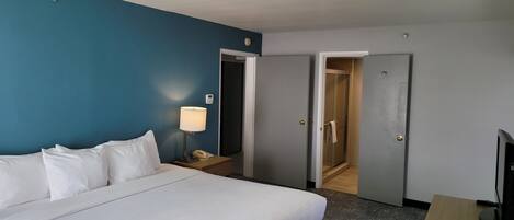Habitación de hotel con cama, lámpara de noche, escritorio con televisor y zona de ducha.