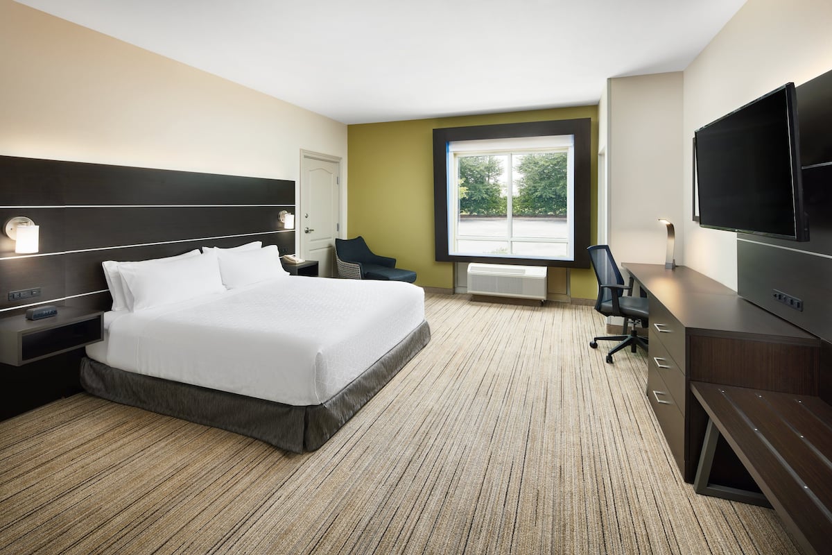 Une chambre d’hôtel avec un grand lit, un bureau avec une chaise, un téléviseur à écran plat, une fenêtre donnant sur la verdure et un radiateur fixé au mur.