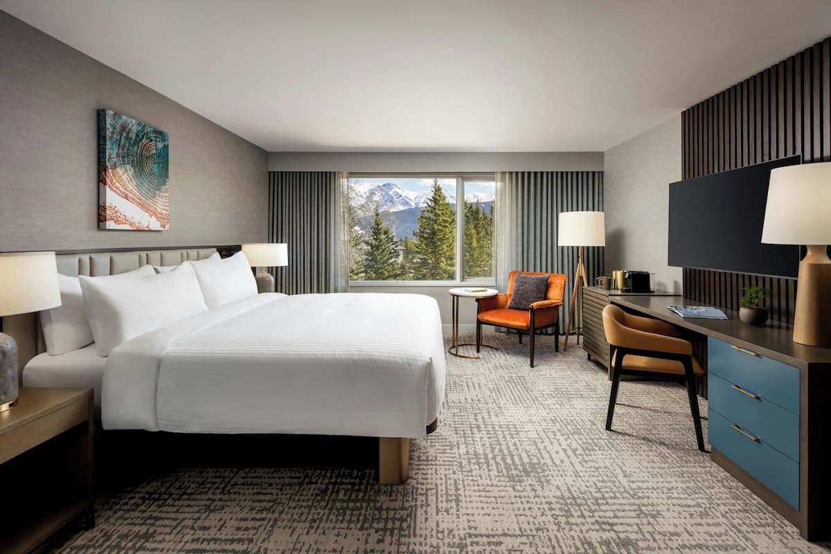 A hotel room with a large bed, a desk with a chair, a TV, and a view of mountains through the window.
