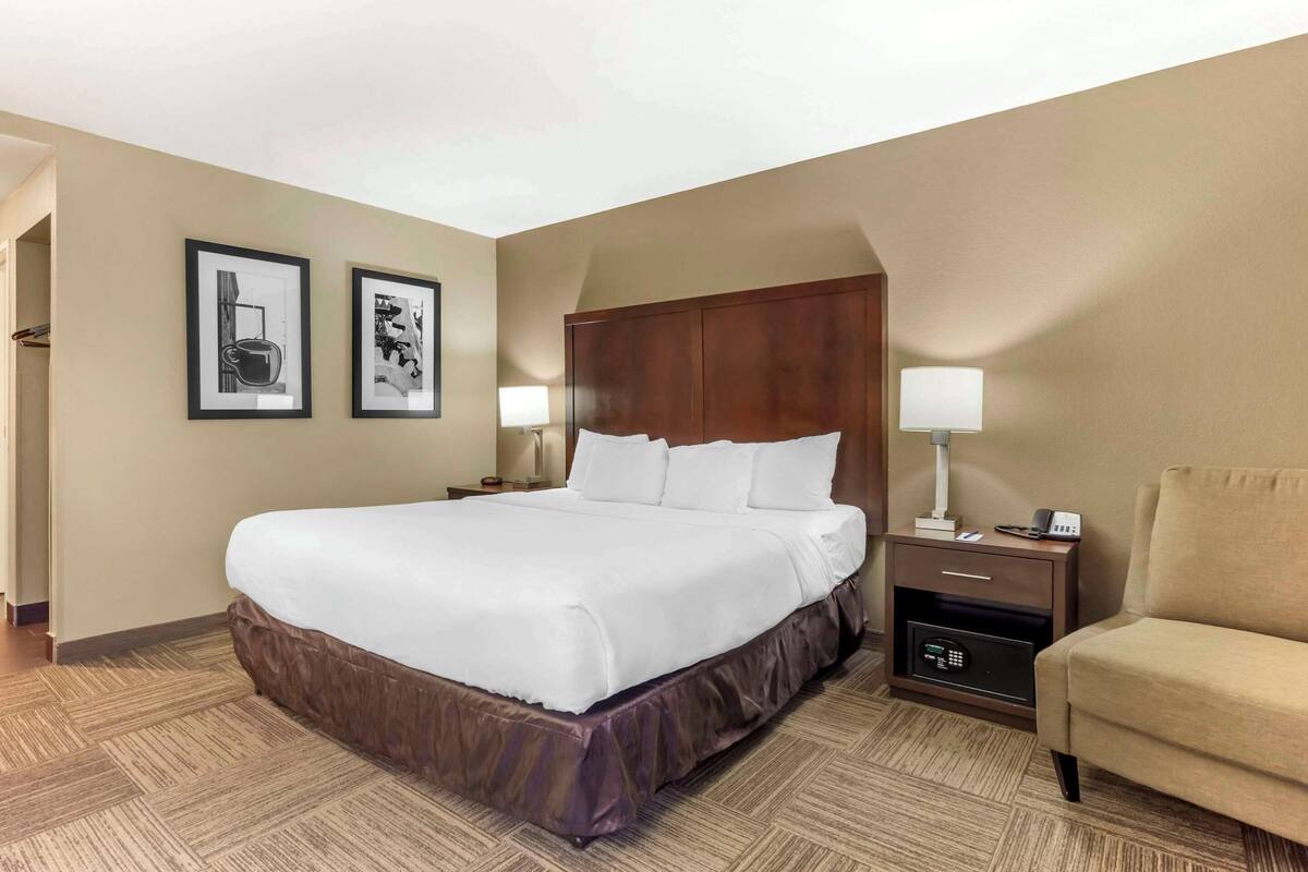 A hotel room with a large bed, a bedside table with a lamp, a chair, and two framed pictures on the wall.