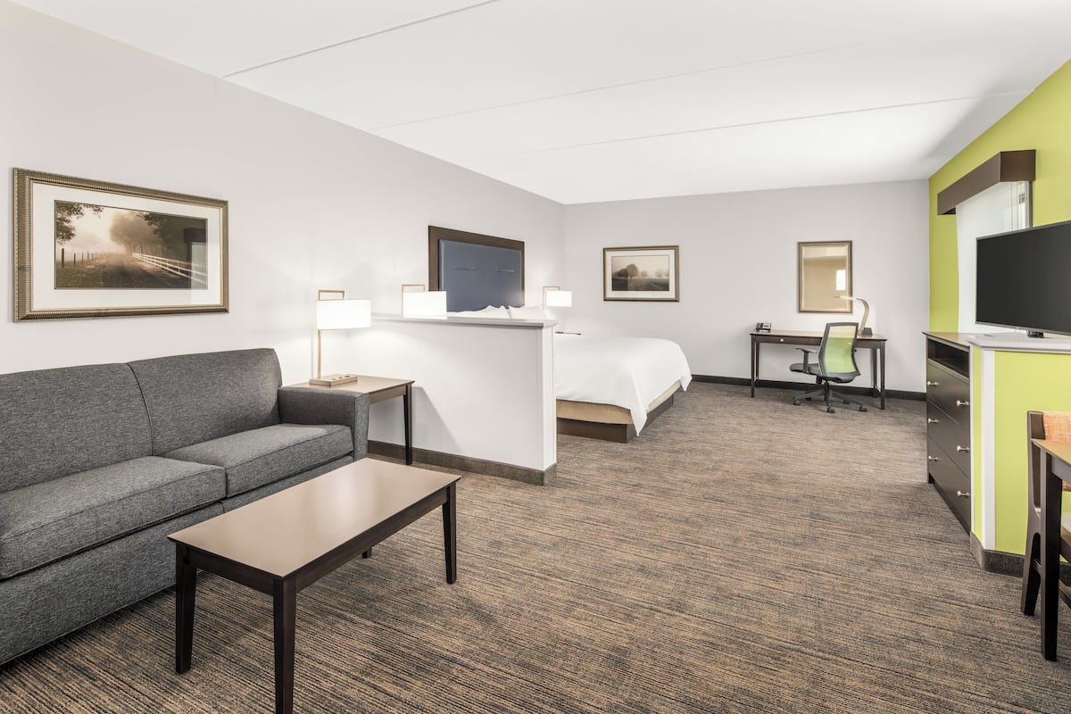 A hotel room with a sofa, a bed, a desk, a TV, and framed pictures on the walls.