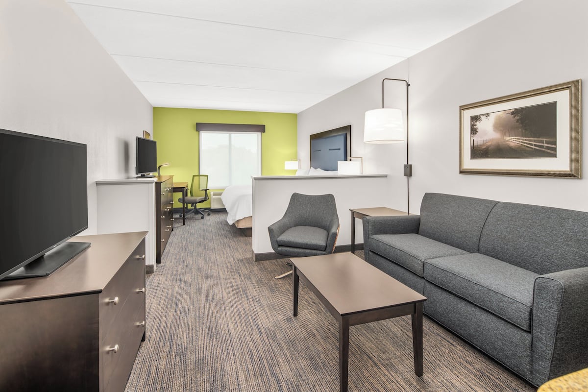 A hotel room with a flat-screen TV, a gray sofa, a desk, and a chair.