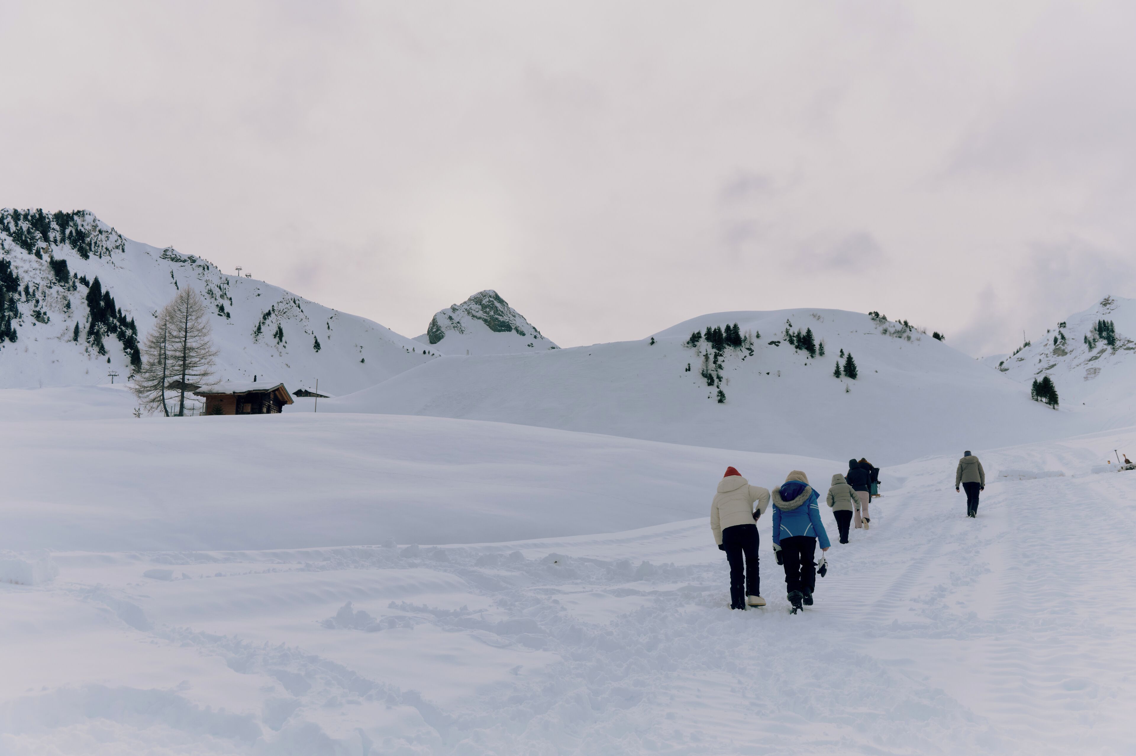 A snowy landscape with a group of people walking on a snow-covered path.