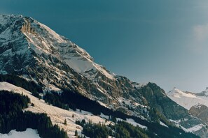 A mountainous landscape with snow-covered peaks and dense forests.