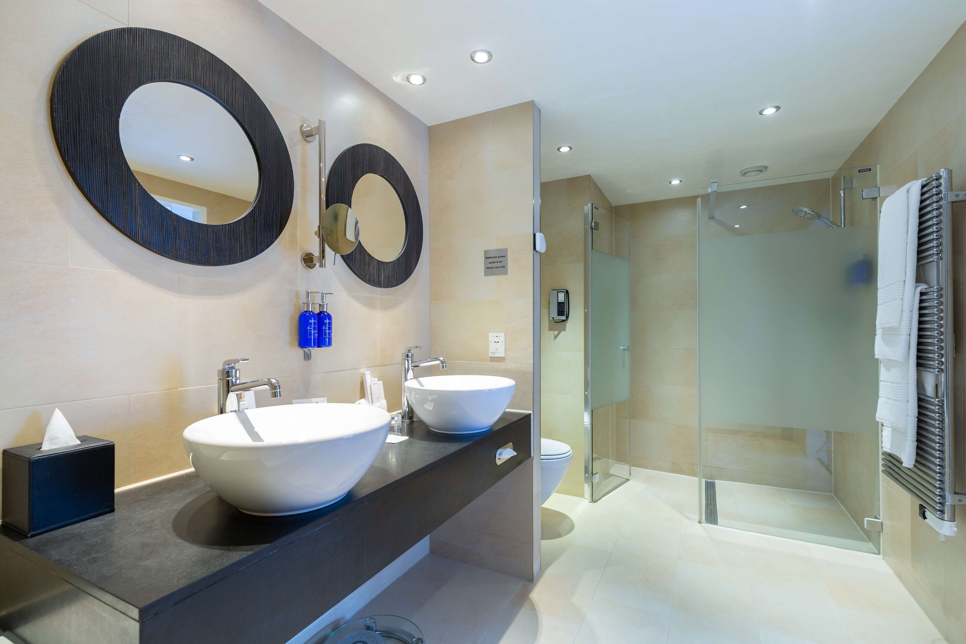 A modern bathroom with two large oval sinks, a glass shower enclosure, and a large mirror.
