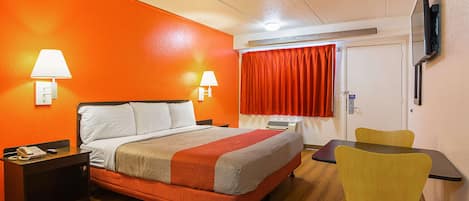 Desk, laptop workspace, free WiFi, bed sheets