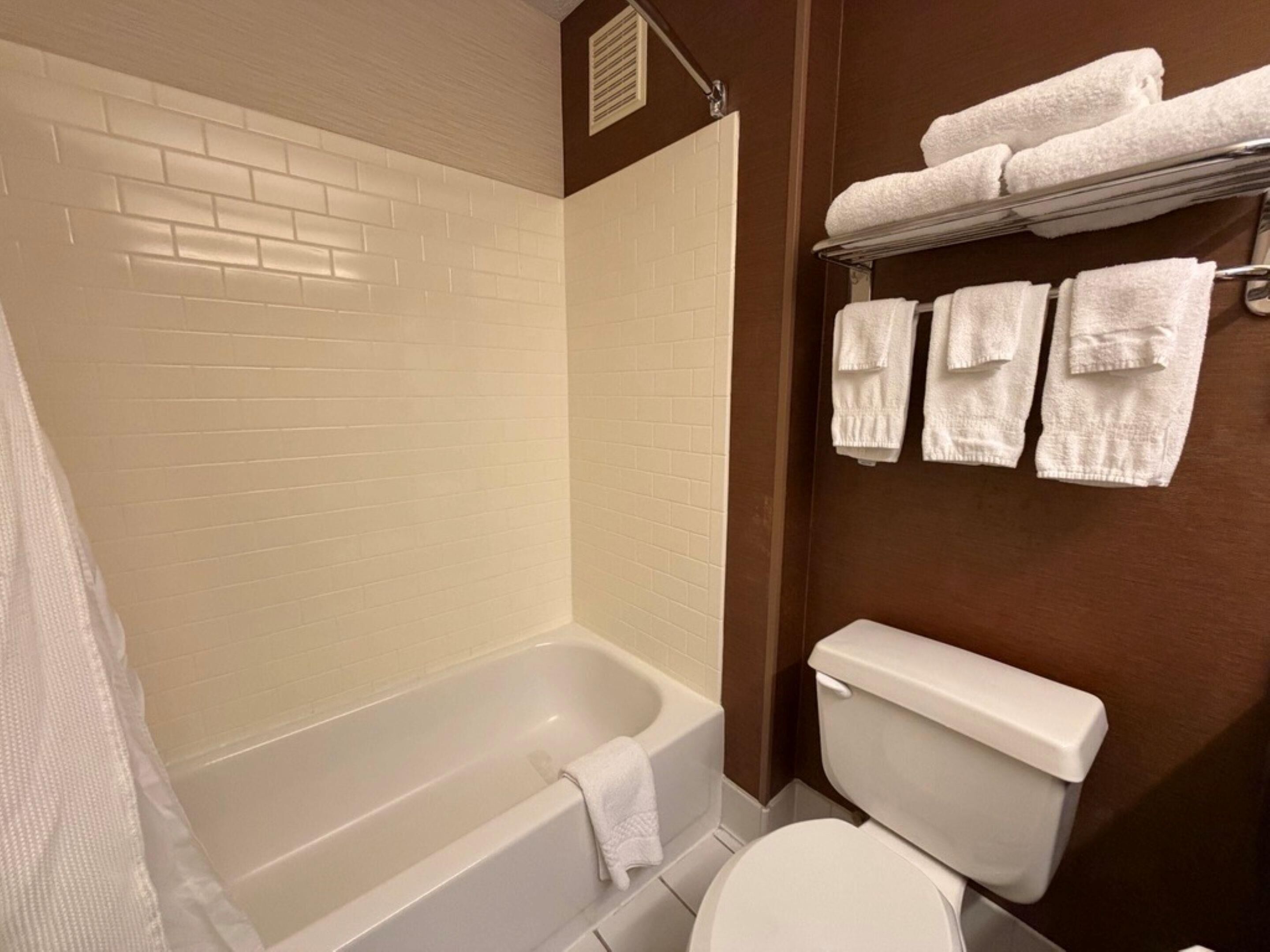 A bathroom with a bathtub, toilet, and towel rack.