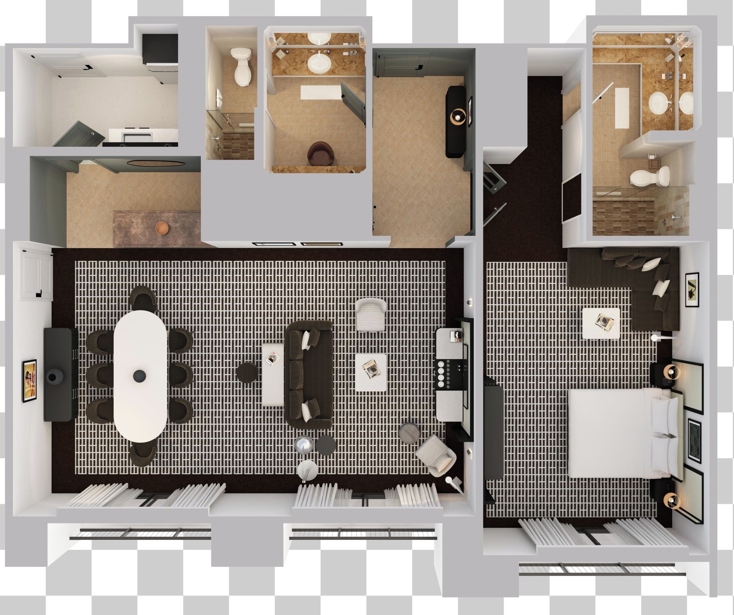 A hotel room layout with a dining area, a kitchen, a bathroom, and a living area.