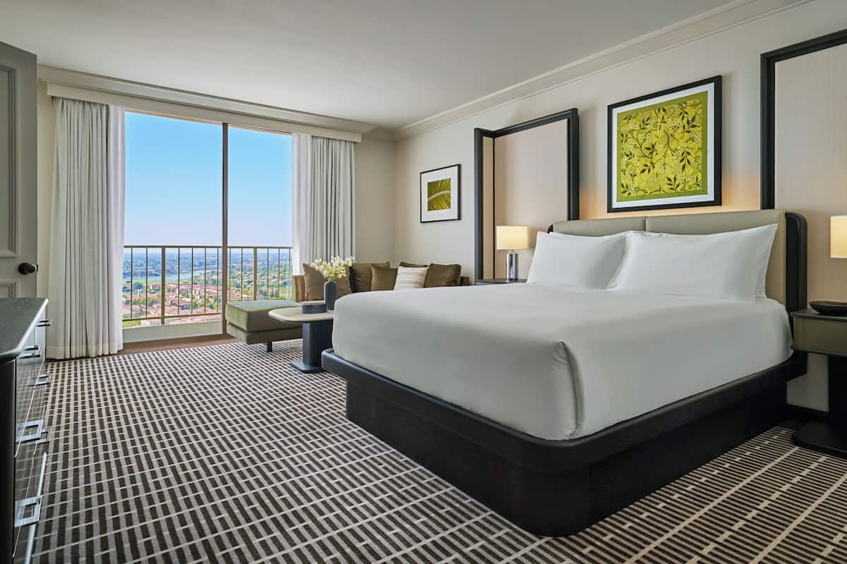 A hotel room with a large bed, a desk, a chair, a view of the city, and artwork on the walls.