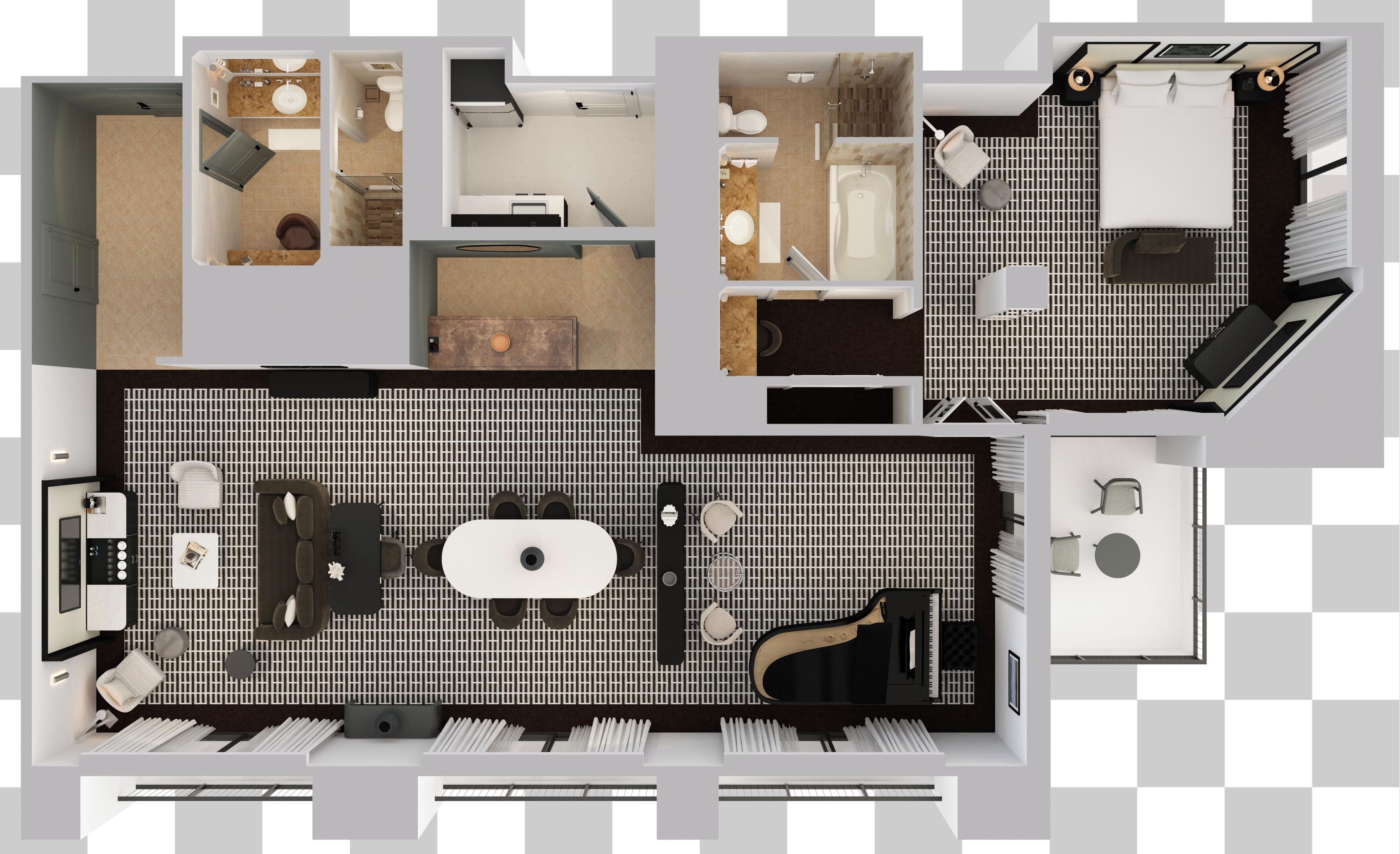 A hotel room layout with a dining area, a separate bathroom, and a kitchenette.