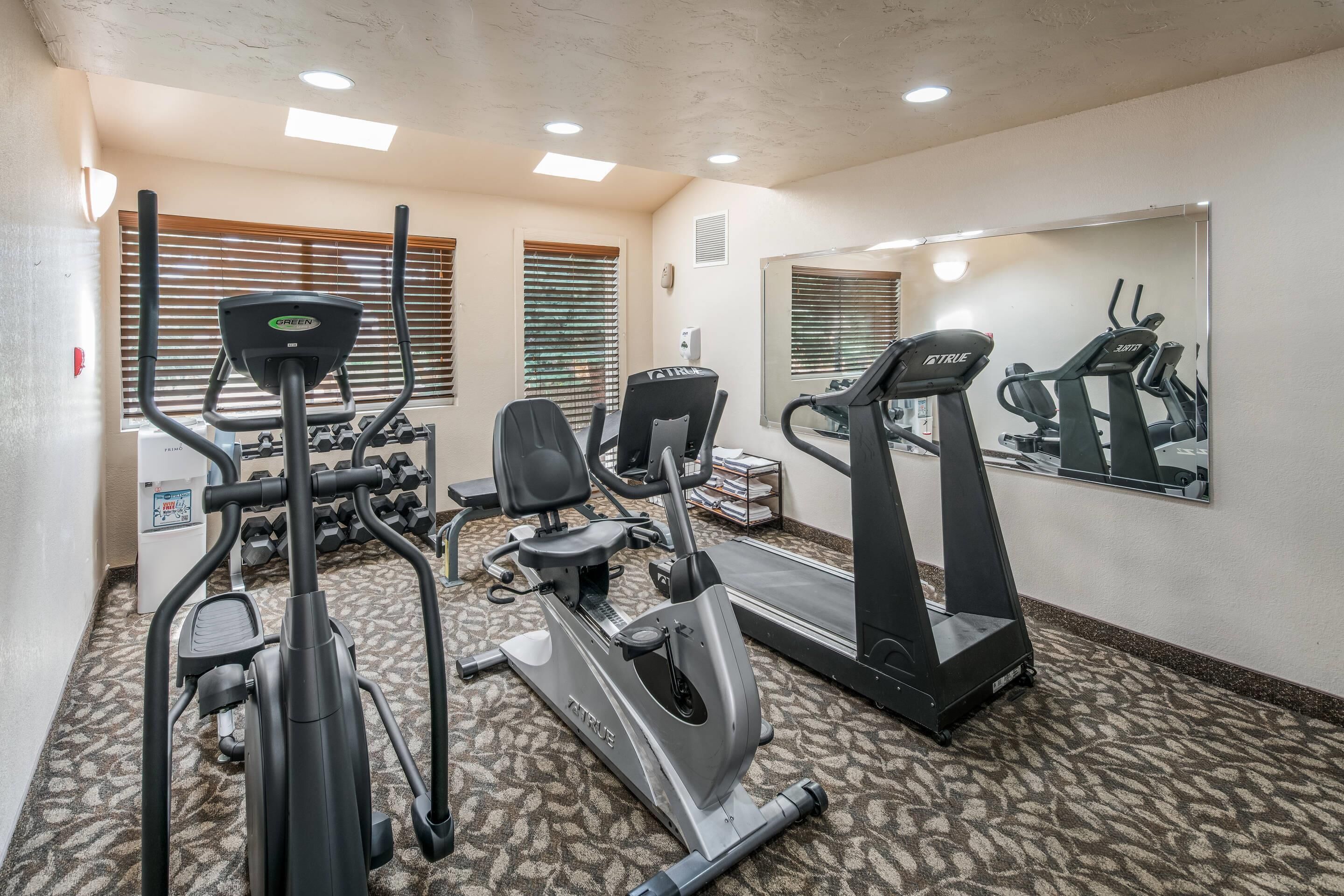 Un gimnasio con cintas de correr, elípticas y pesas sueltas.