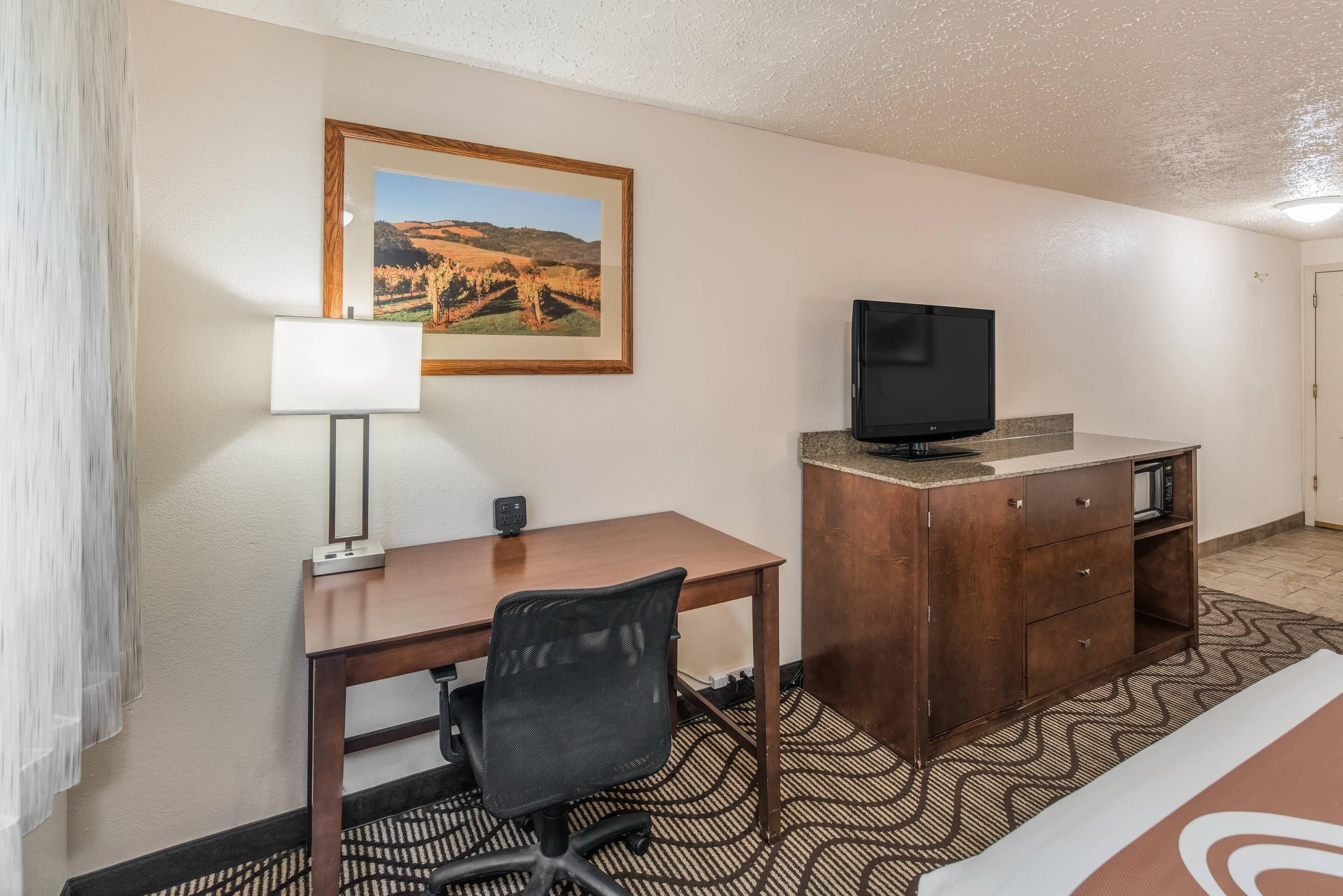 Habitación de hotel con un escritorio de madera, una silla de oficina negra, un televisor sobre un mueble de madera, un cuadro en la pared y una alfombra estampada.