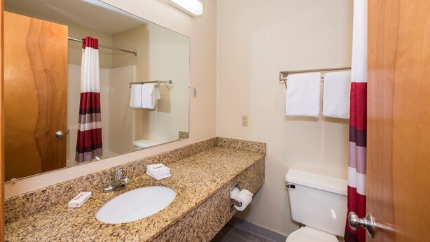 Baño con lavamanos de encimera de granito, un espejo, inodoro y cortina de ducha.