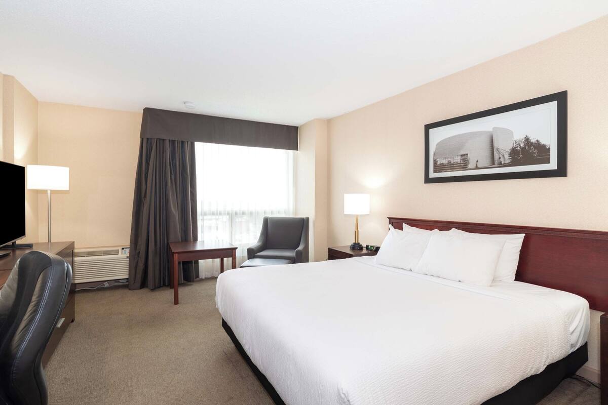 A hotel room with a large bed, a desk with a chair, a television, and a framed picture on the wall.