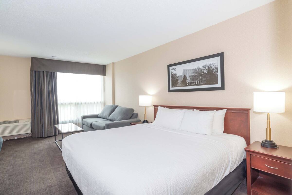 A hotel room with a large bed, a grey sofa, a small table, and a nightstand with a lamp.
