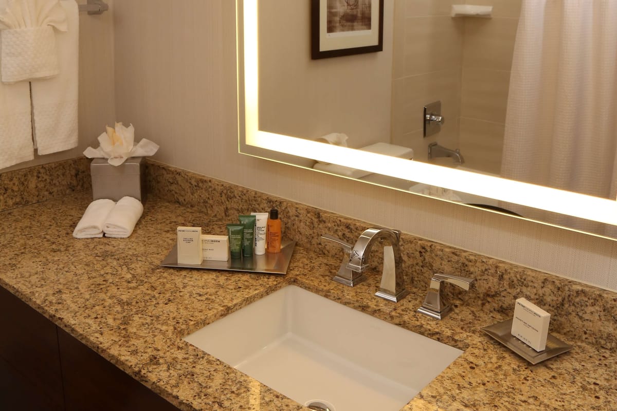 combined shower/bathtub, free toiletries, hair dryer, towels