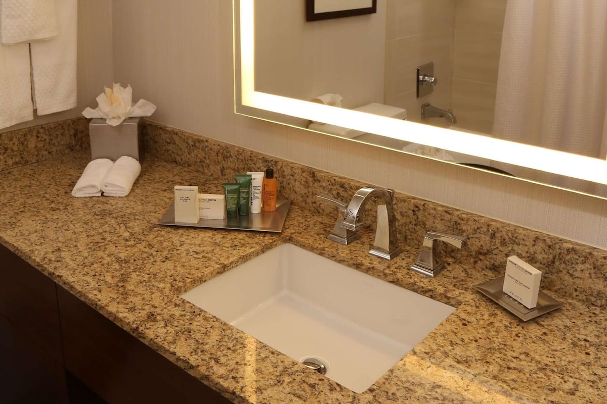 Combined shower/tub, free toiletries, hair dryer, towels