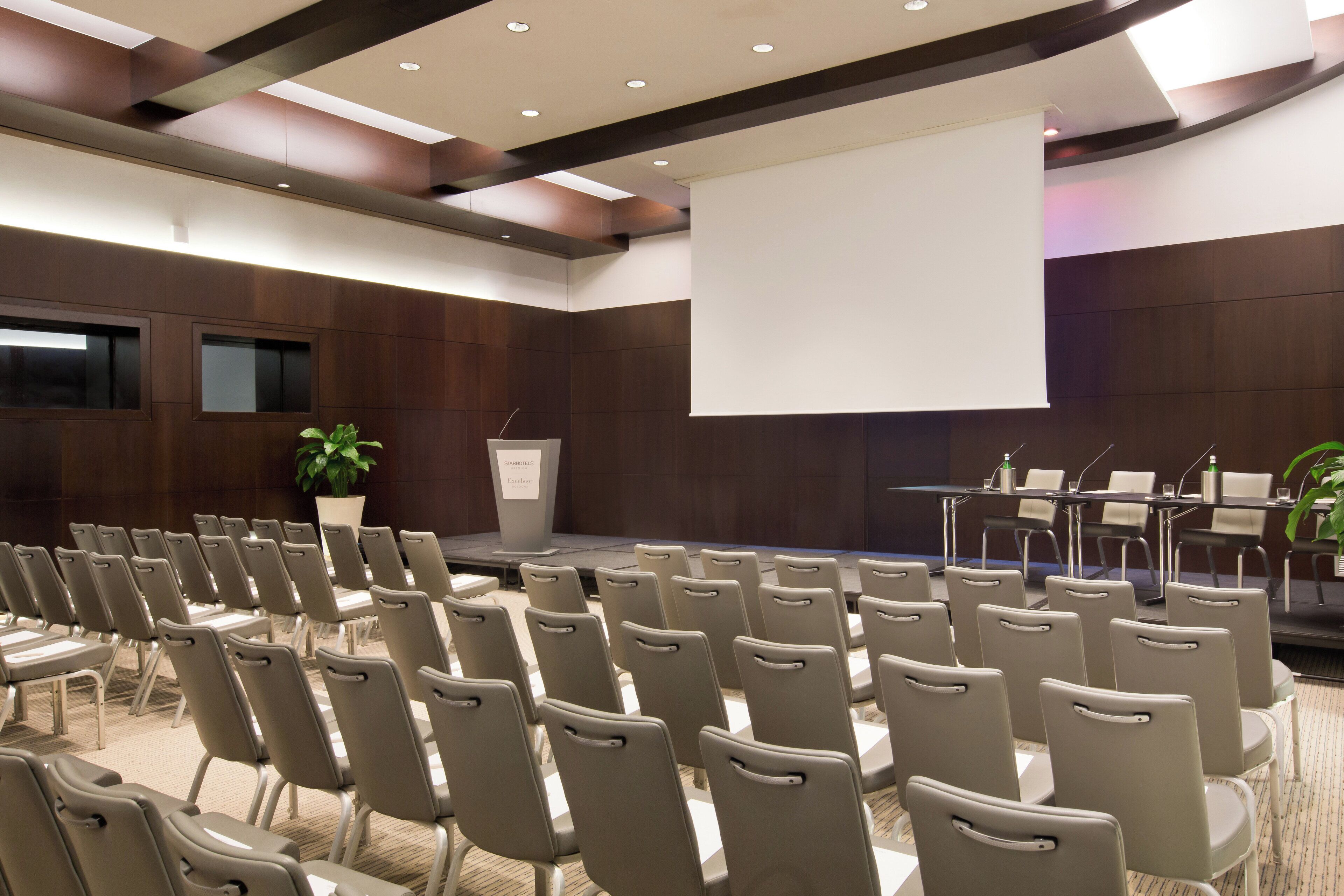 Un salón de conferencias con filas de sillas, un atril, una pantalla grande y una planta en maceta.