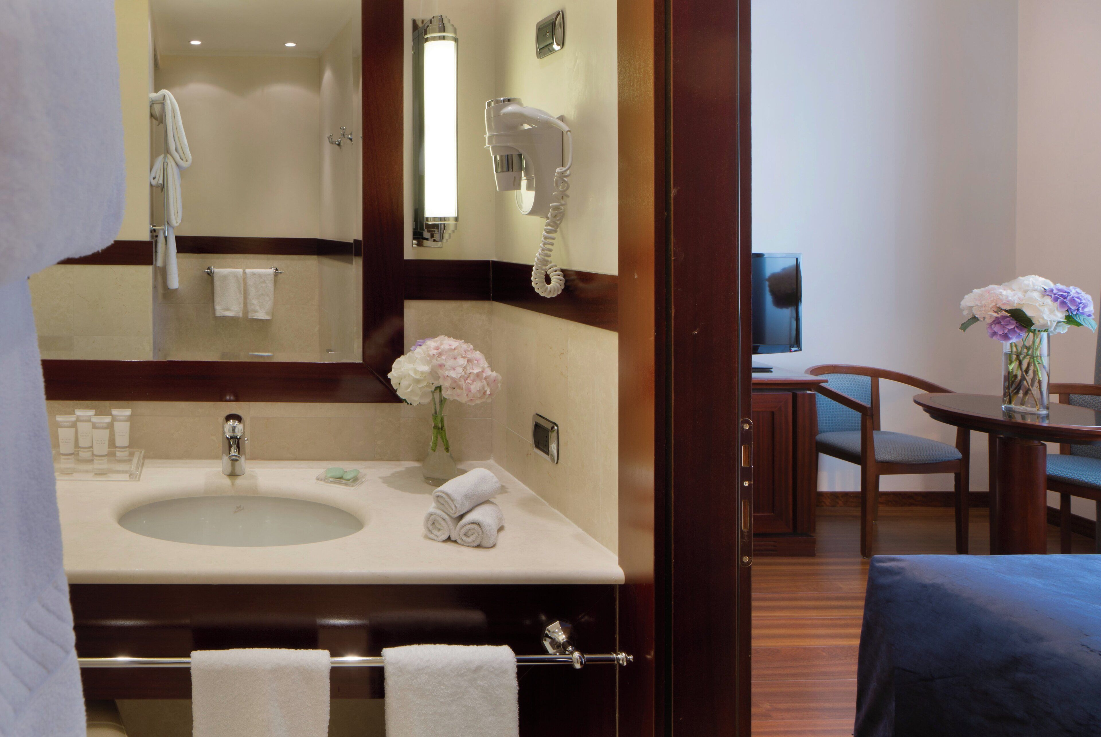 combined shower/bathtub, free toiletries, hair dryer, bidet