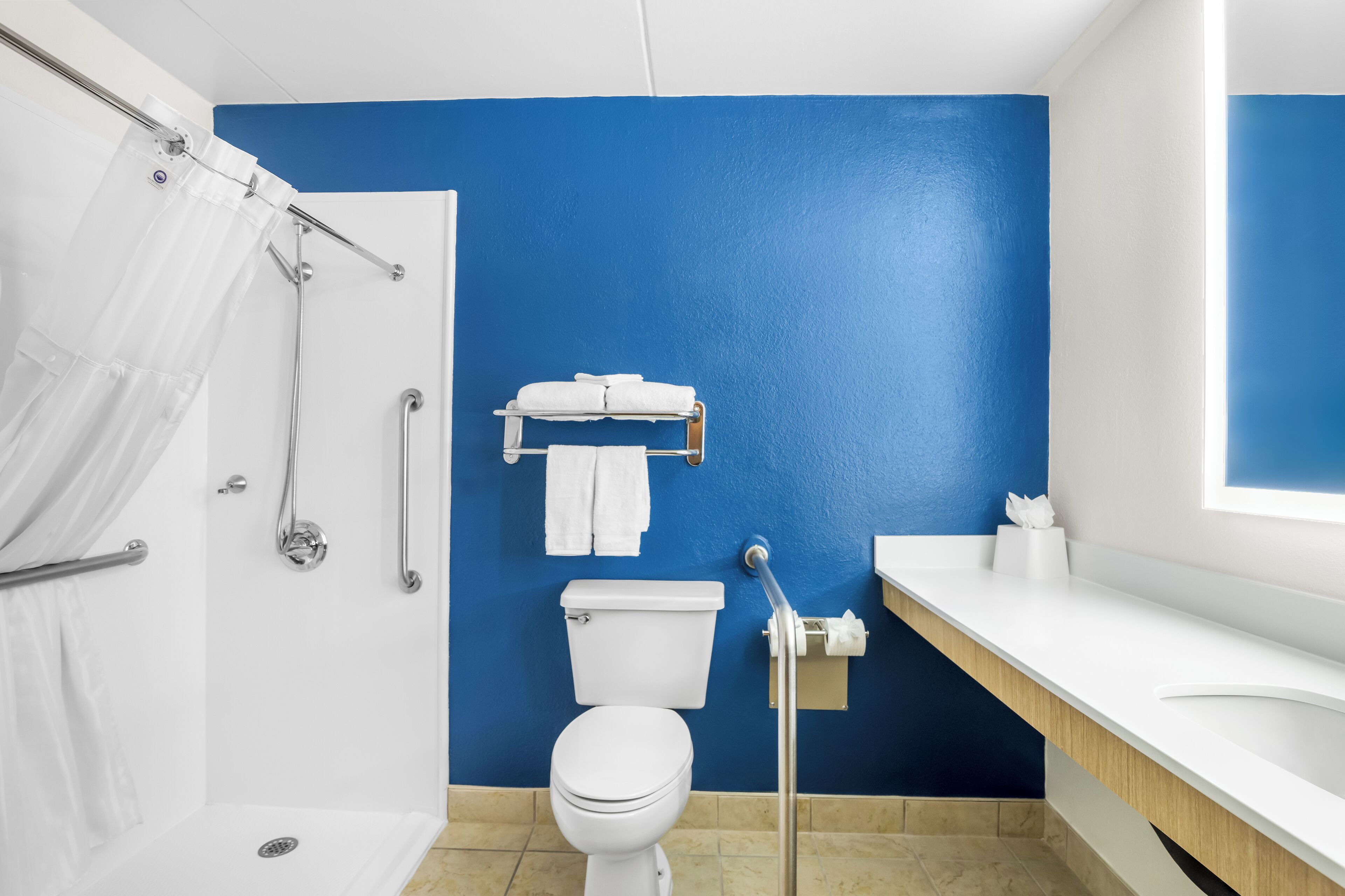 room, 1 queen bed, accessible (mobility & hearing, roll-in shower) | bathroom | combined shower/bathtub, hydromassage showerhead, free toiletries