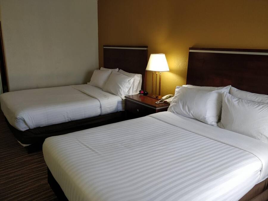 Una habitación de hotel con dos camas, una mesita de noche con una lámpara y un teléfono.