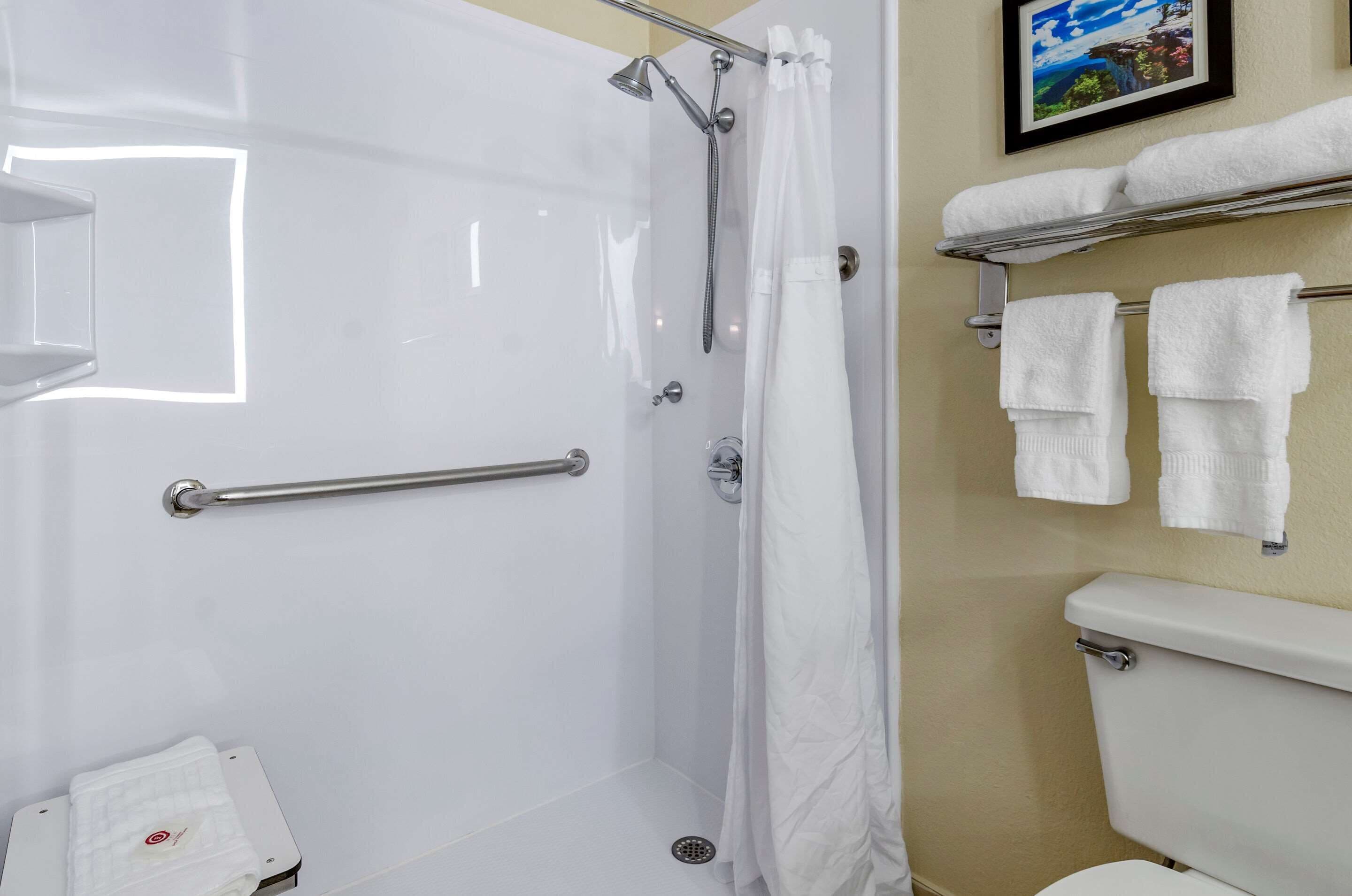 Une salle de bain avec douche, toilettes et porte-serviettes.