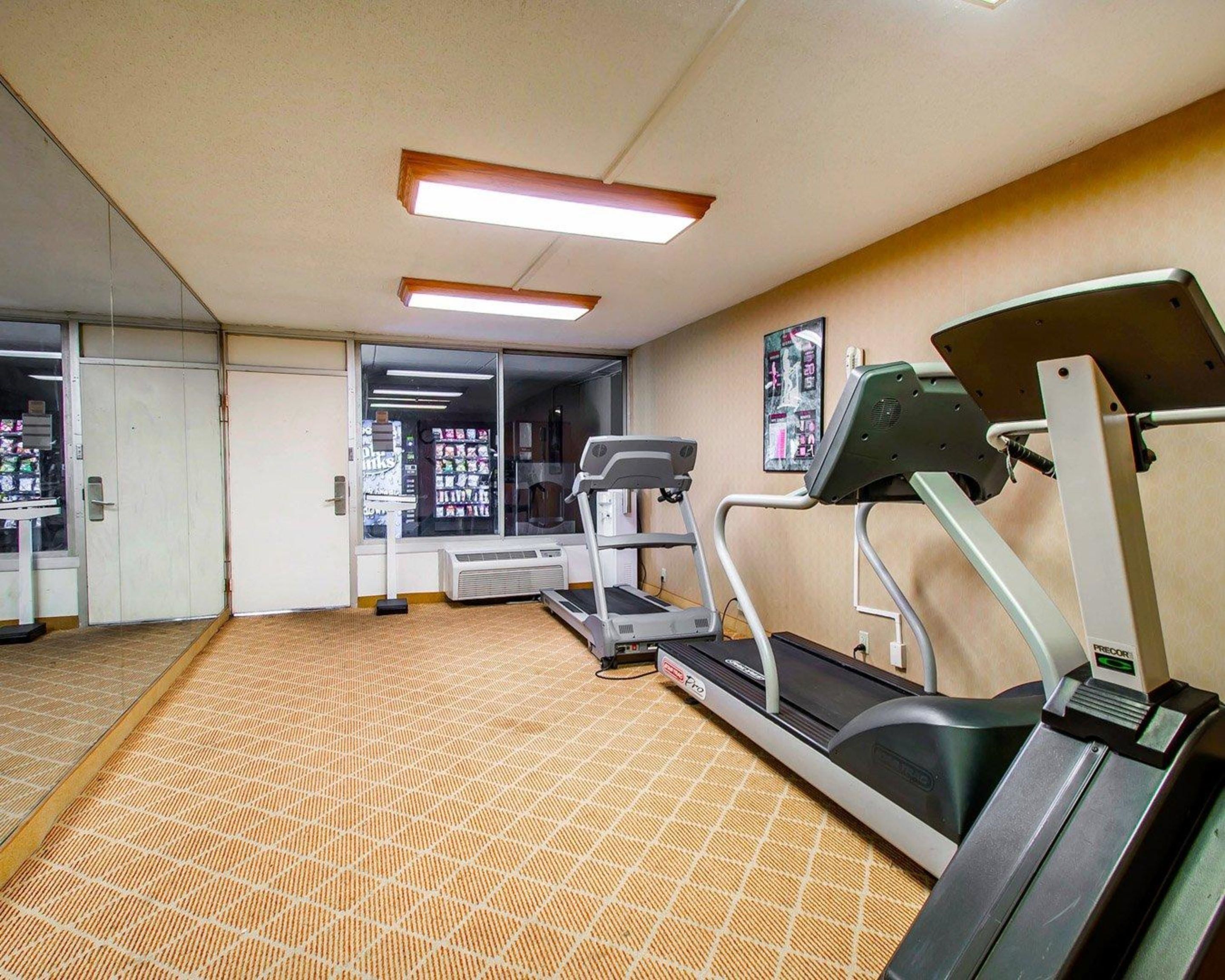 Un gimnasio con cintas de correr, una bicicleta estática y un espejo grande.