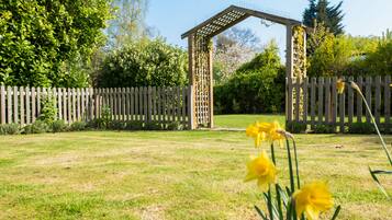A wooden pergola in a garden with a wooden fence and daffodils.
