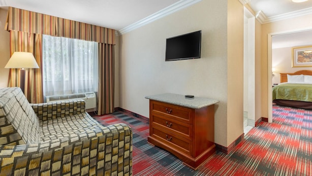 Quarto de hotel com sofá, cómoda de madeira, televisão de ecrã plano e cama com colcha verde.