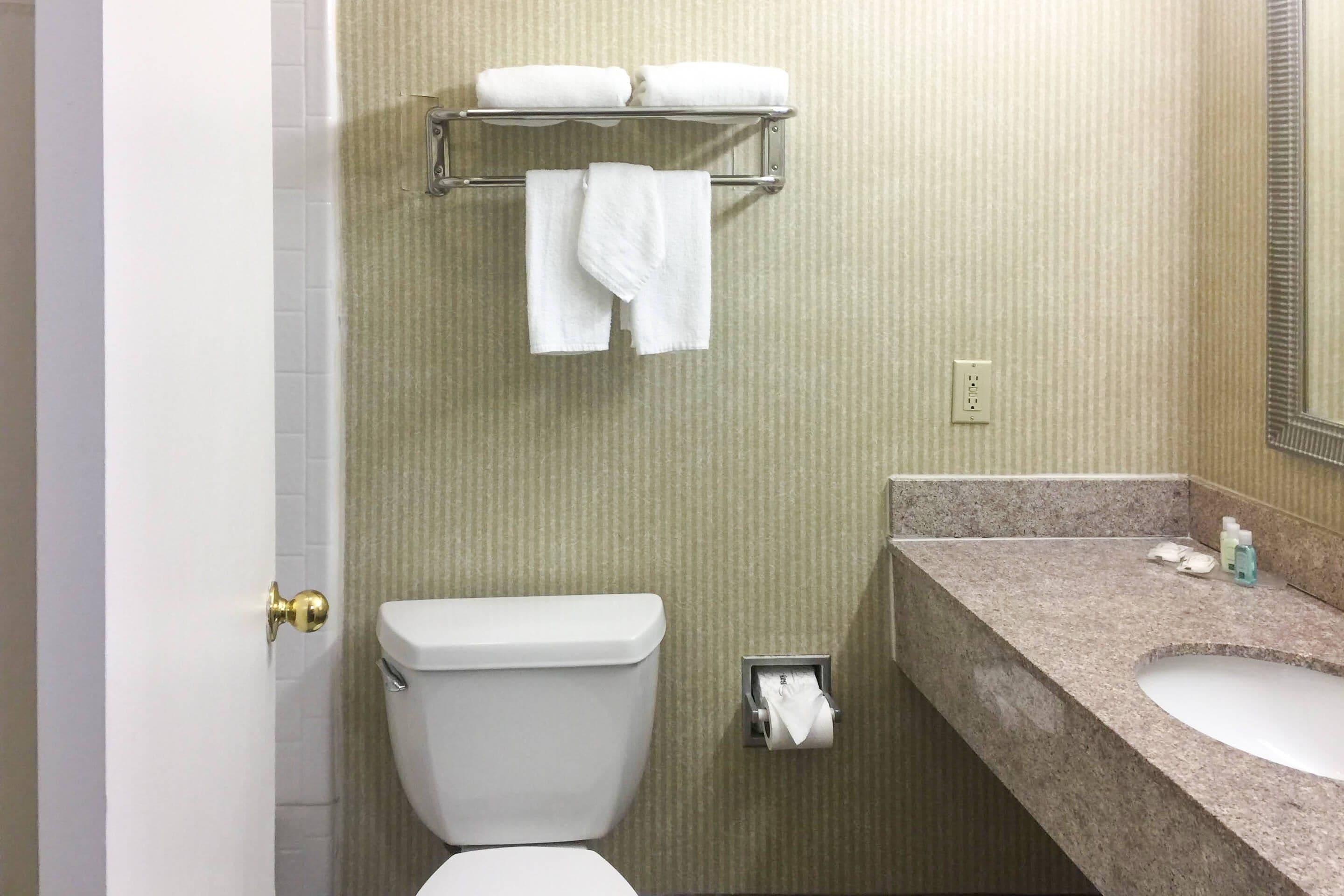 A bathroom with a toilet, a towel rack with towels, a sink, and a mirror.