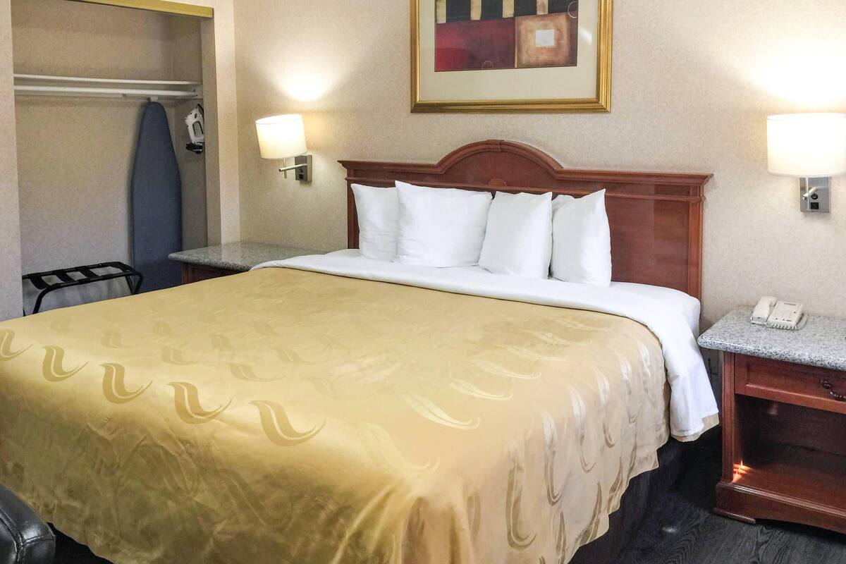 Habitación de hotel con una cama grande, dos mesitas de noche, un teléfono y un cuadro en la pared.