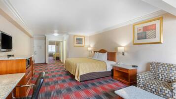 Una habitació d'hotel amb llit, escriptori amb televisió, sofà estampat i sòl amb moqueta.