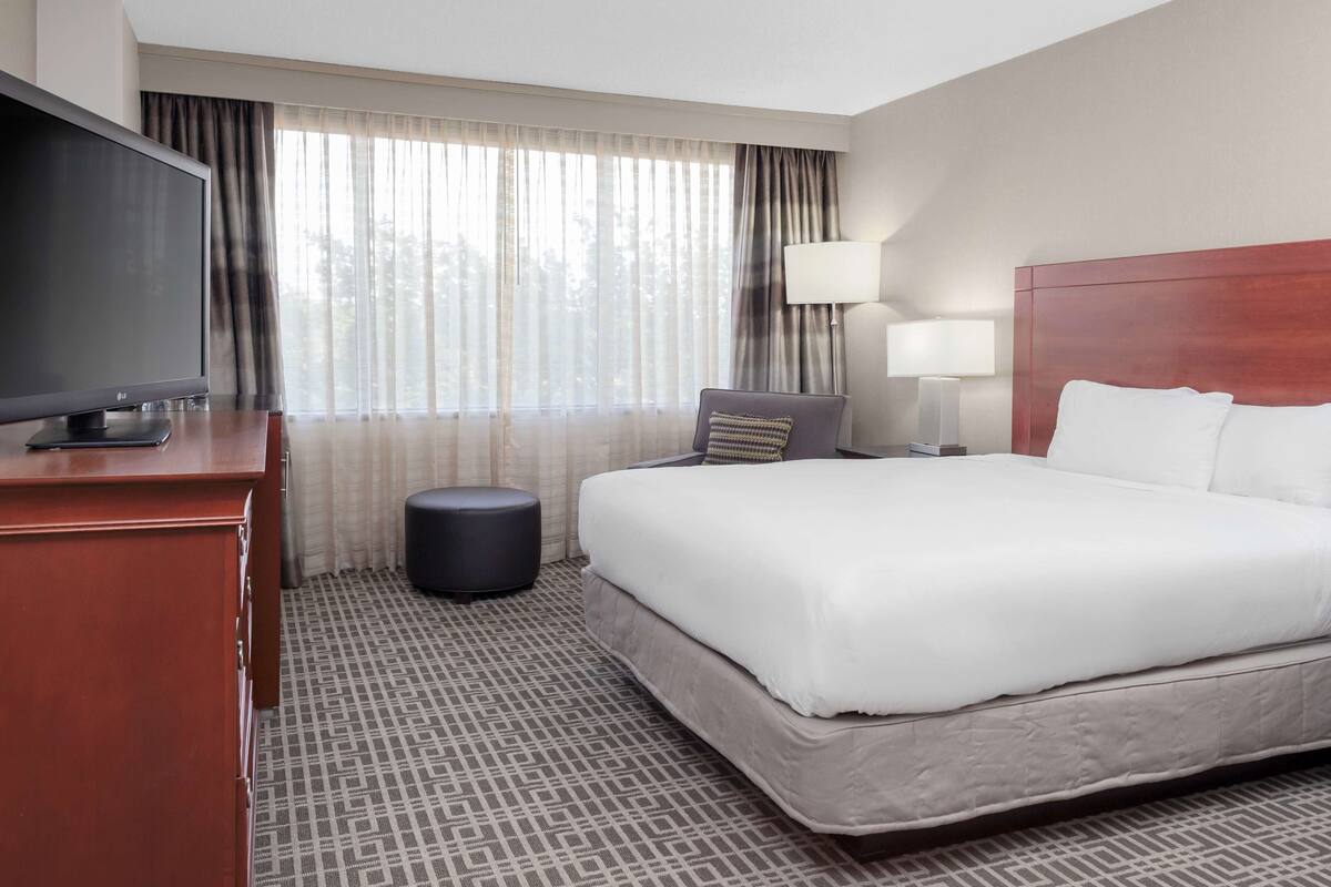 A hotel room with a large bed, a flat-screen TV, a desk, a lamp, and a view of the outdoors through sheer curtains.