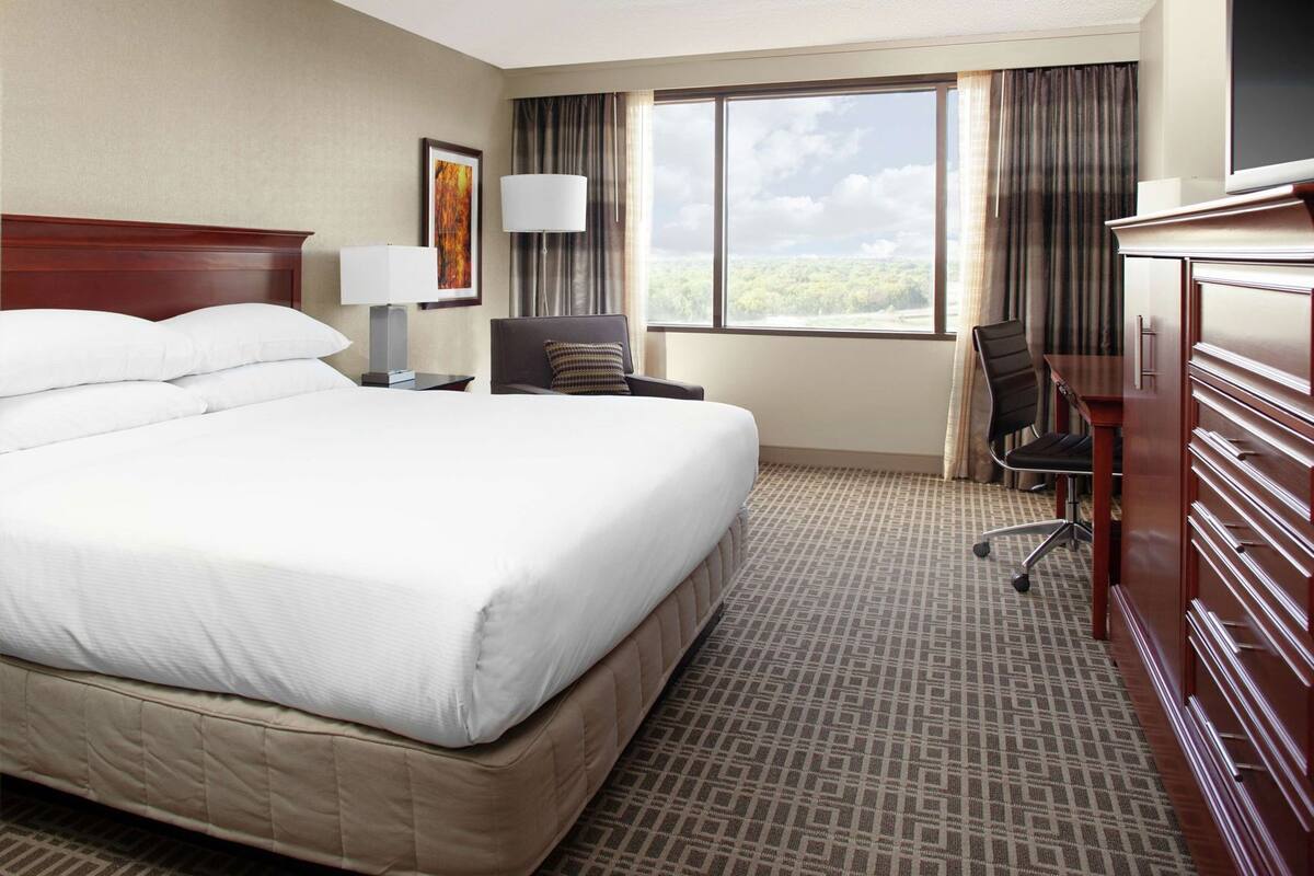A hotel room with a large bed, a desk, a chair, a lamp, and a view of the outdoors.
