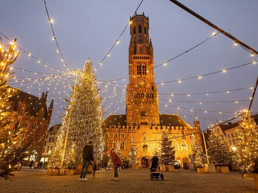 A historic building with a prominent tower, surrounded by Christmas trees and string lights.