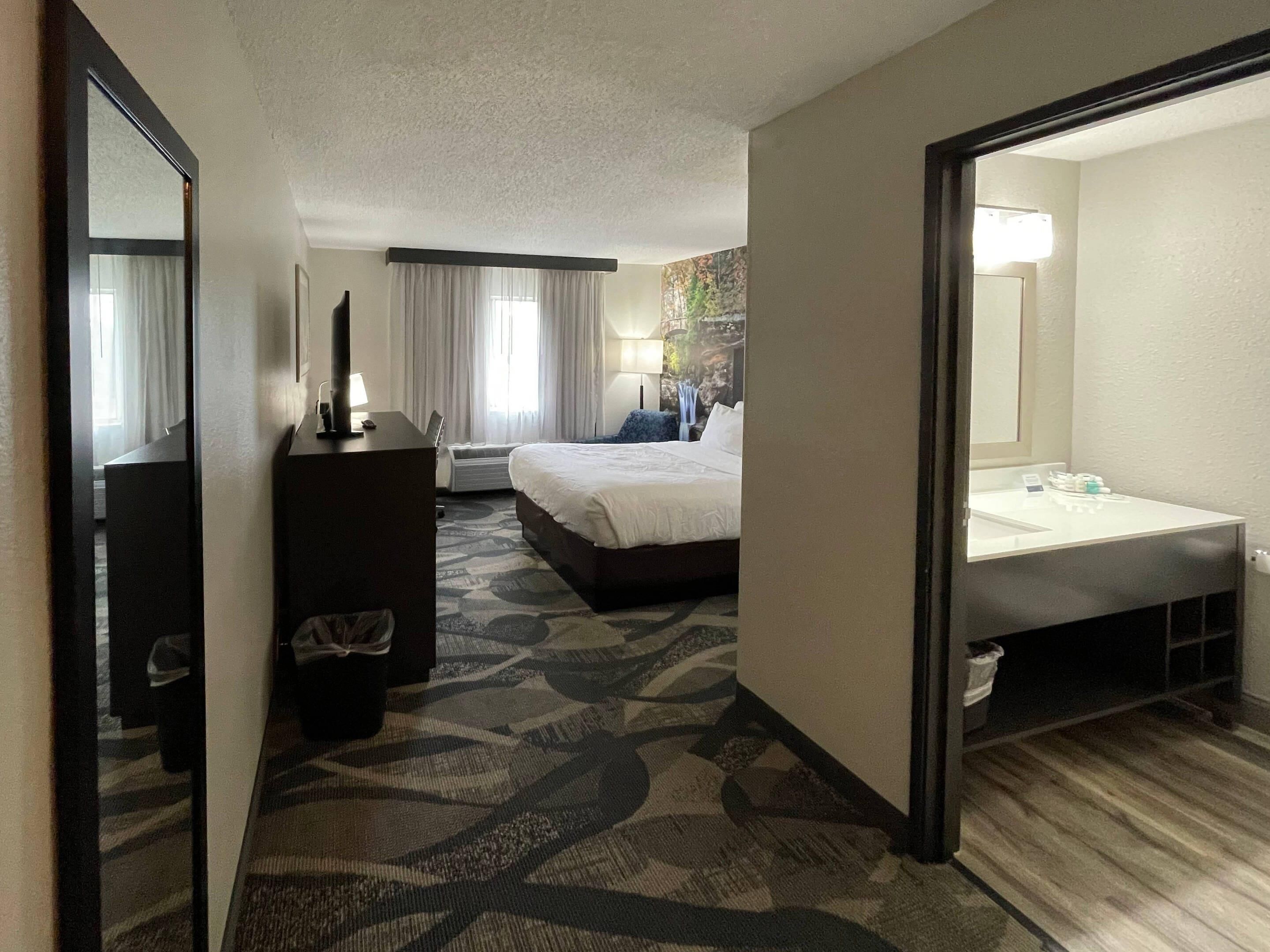 Premium bedding, desk, blackout curtains, soundproofing