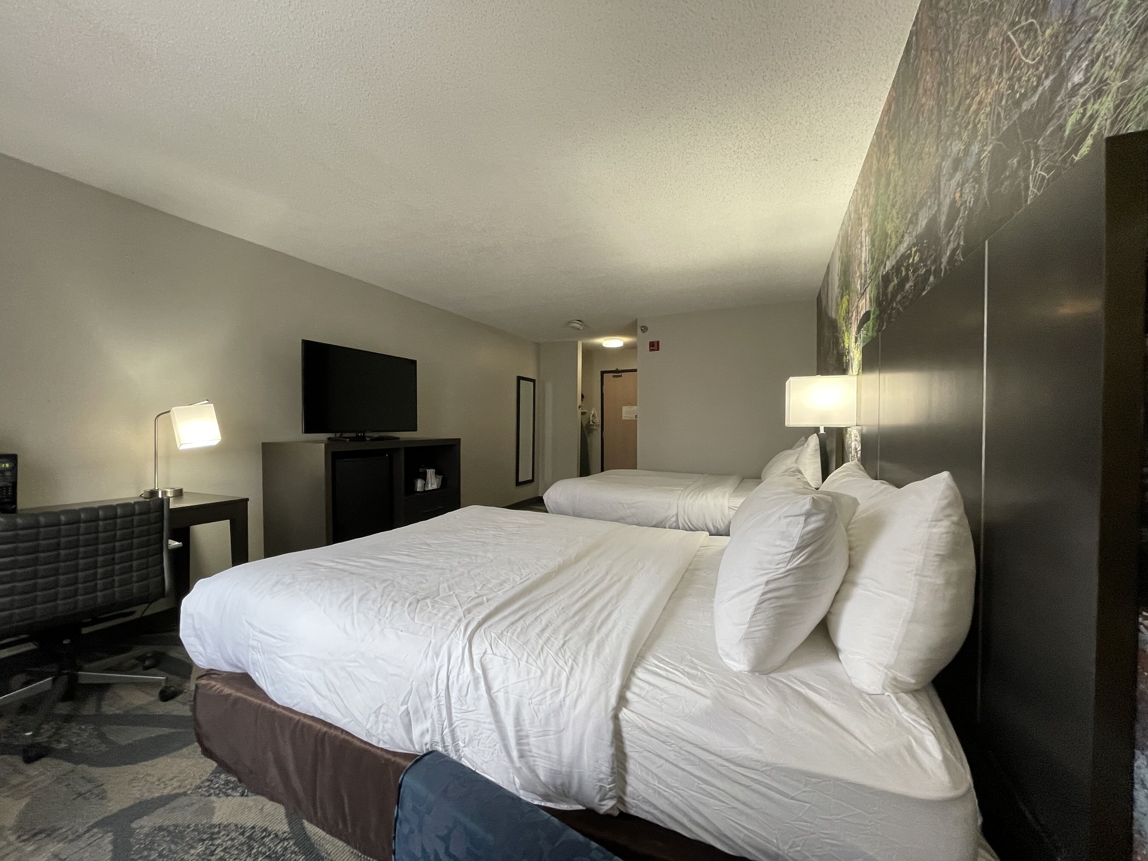 A hotel room with two beds, a television, a desk with a lamp, and a painting on the wall.