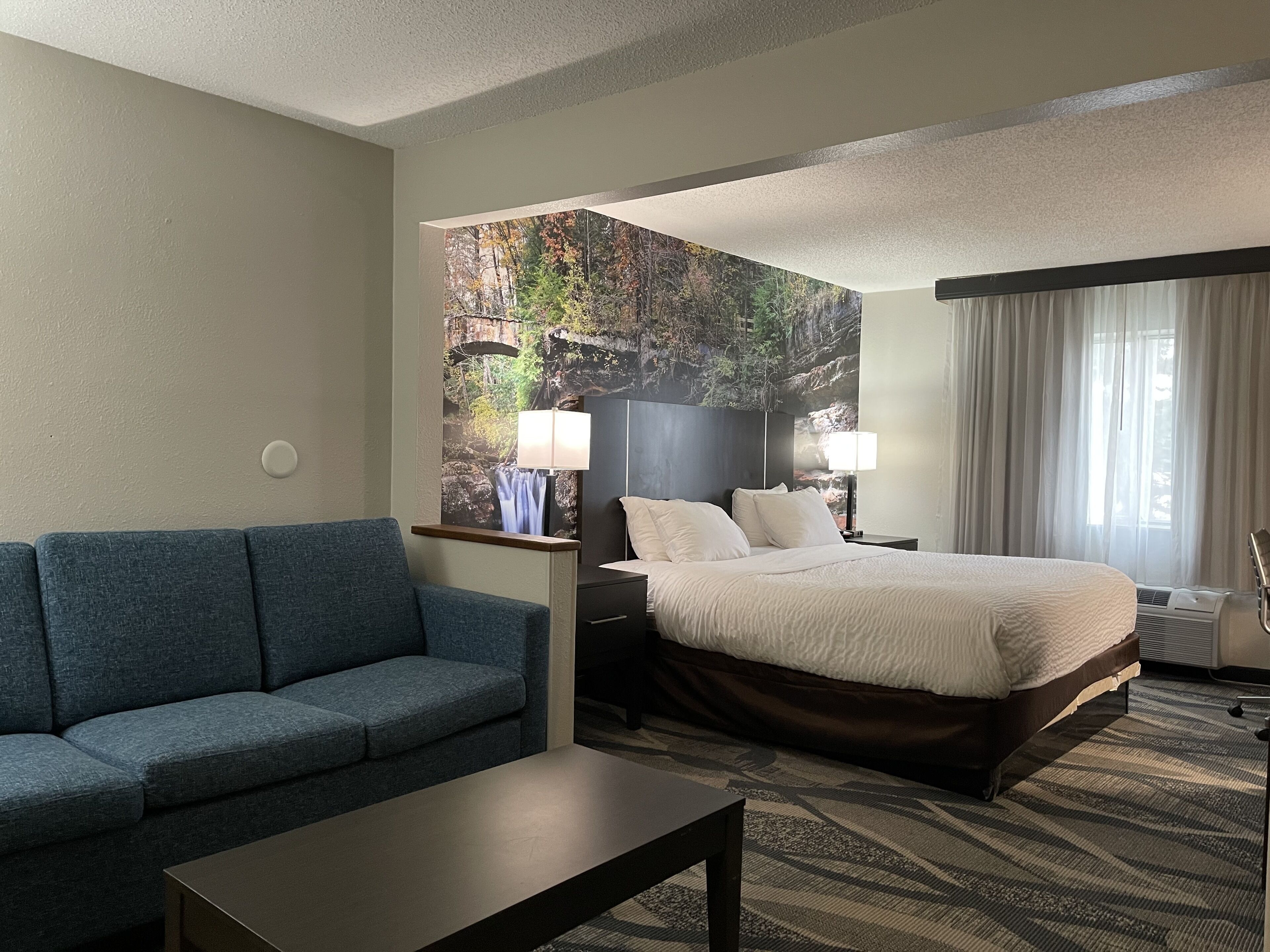 A hotel room with a bed, a sofa, a coffee table, and a large mural of a waterfall.