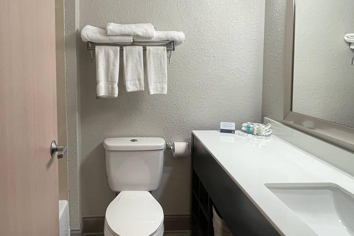 A bathroom with a toilet, a sink, and a towel rack with towels.