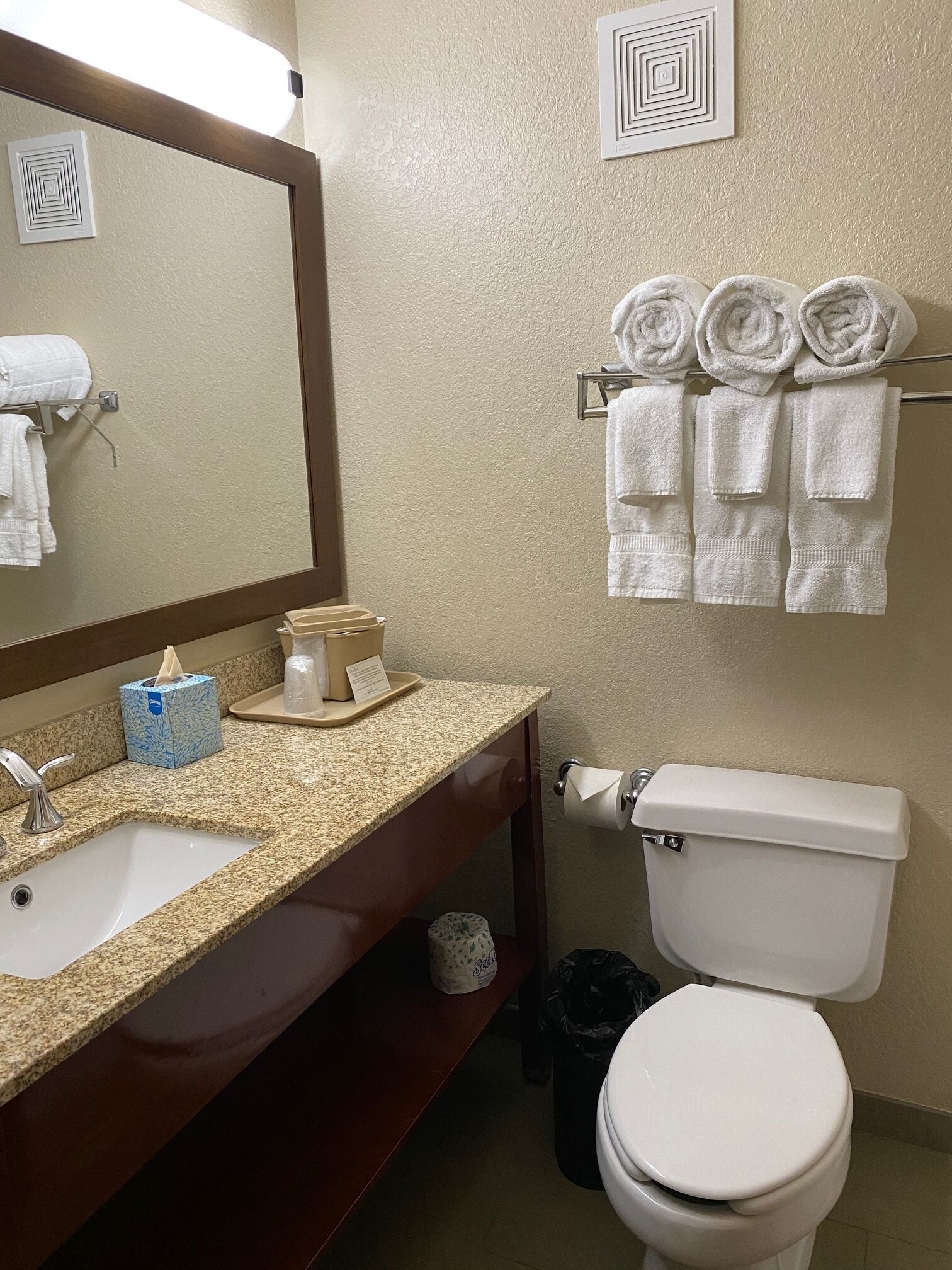 Un baño con lavamanos, espejo, toallero, inodoro y un cubo de basura.