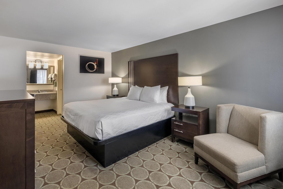 A hotel room with a large bed, two bedside tables with lamps, a chair, a wardrobe, and a mirror.