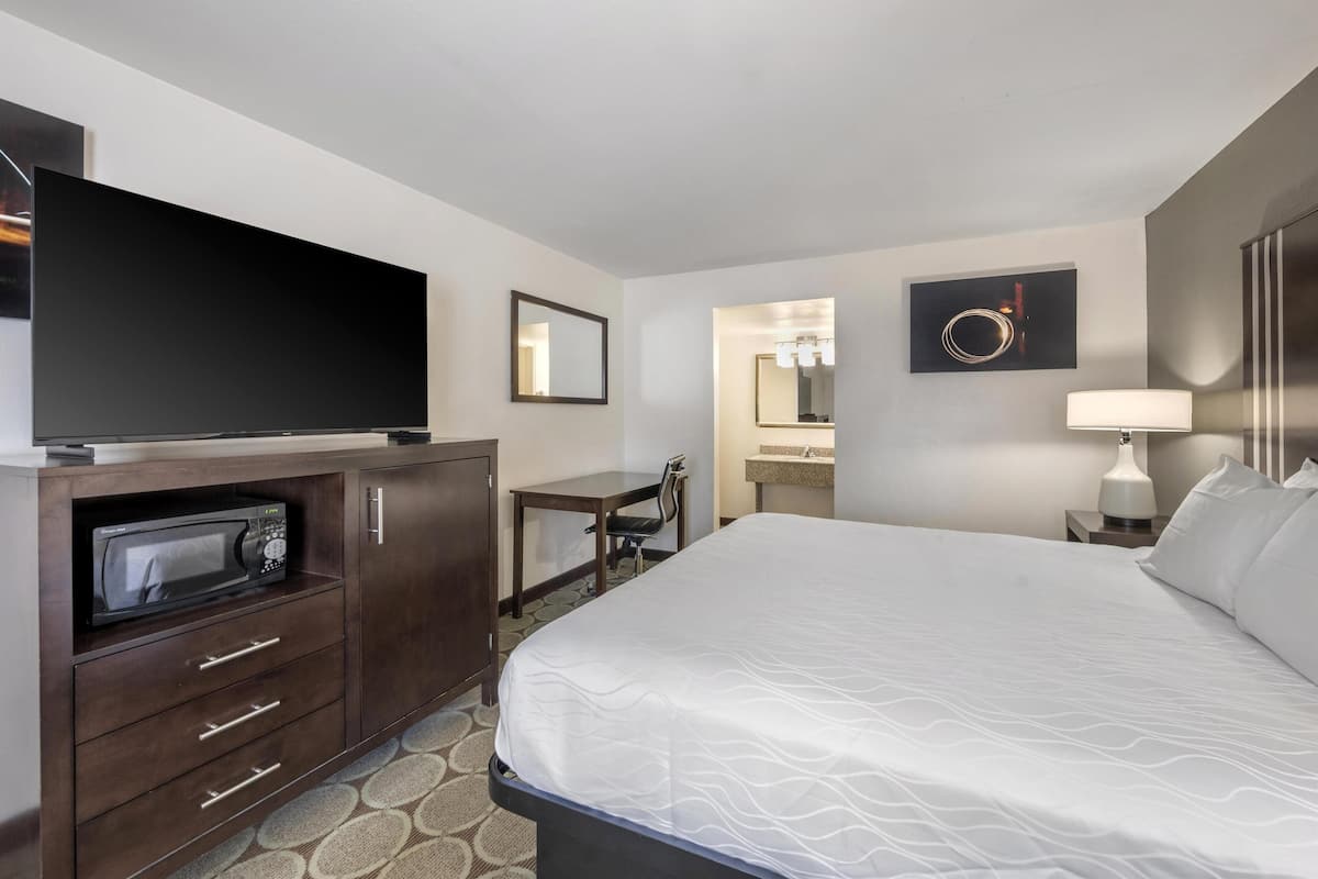 A hotel room with a bed, a desk with a chair, a microwave, a flat-screen TV, a mirror, a lamp, and a bathroom visible through an open door.
