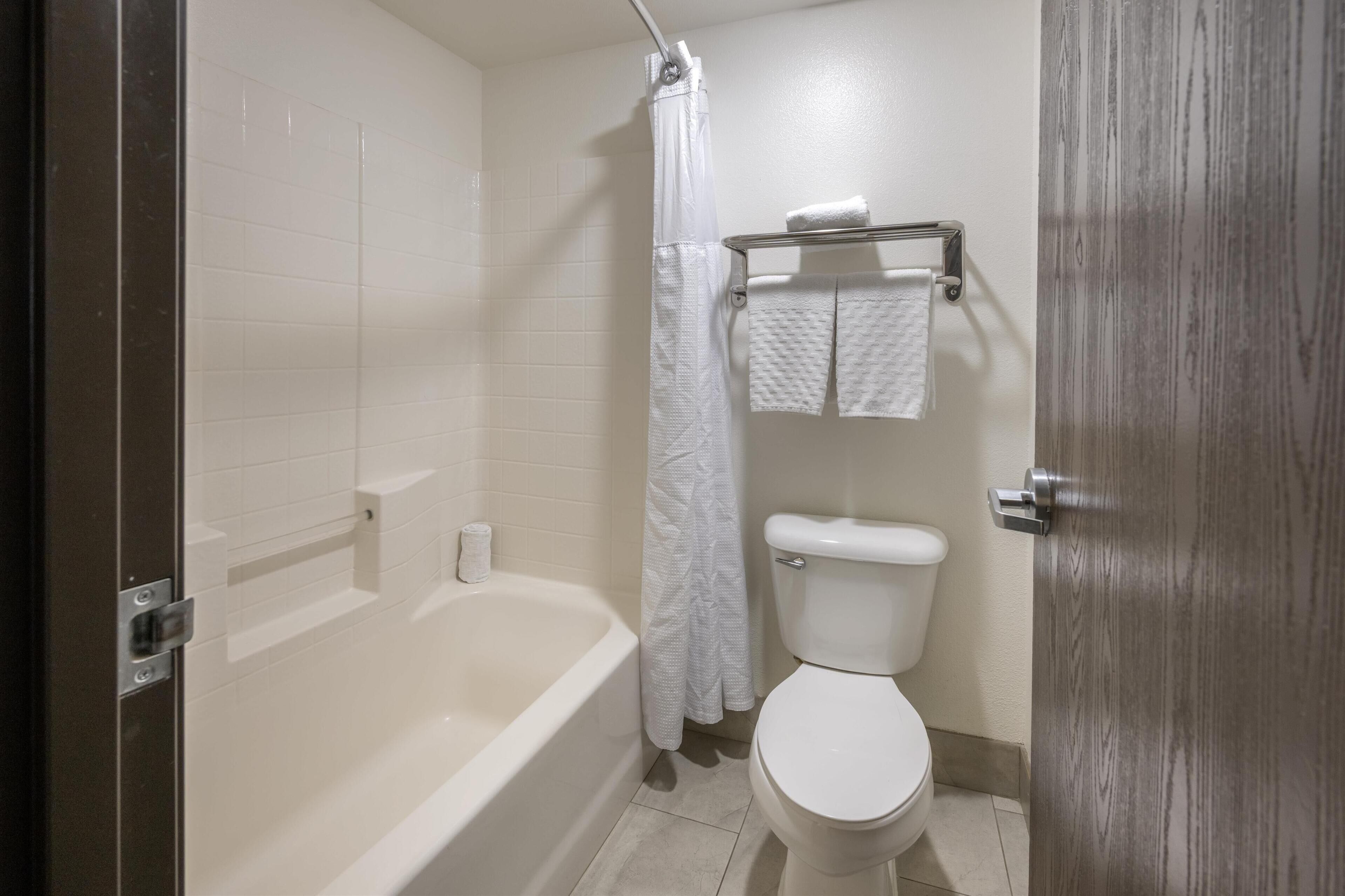 combined shower/bathtub, free toiletries, hair dryer, towels