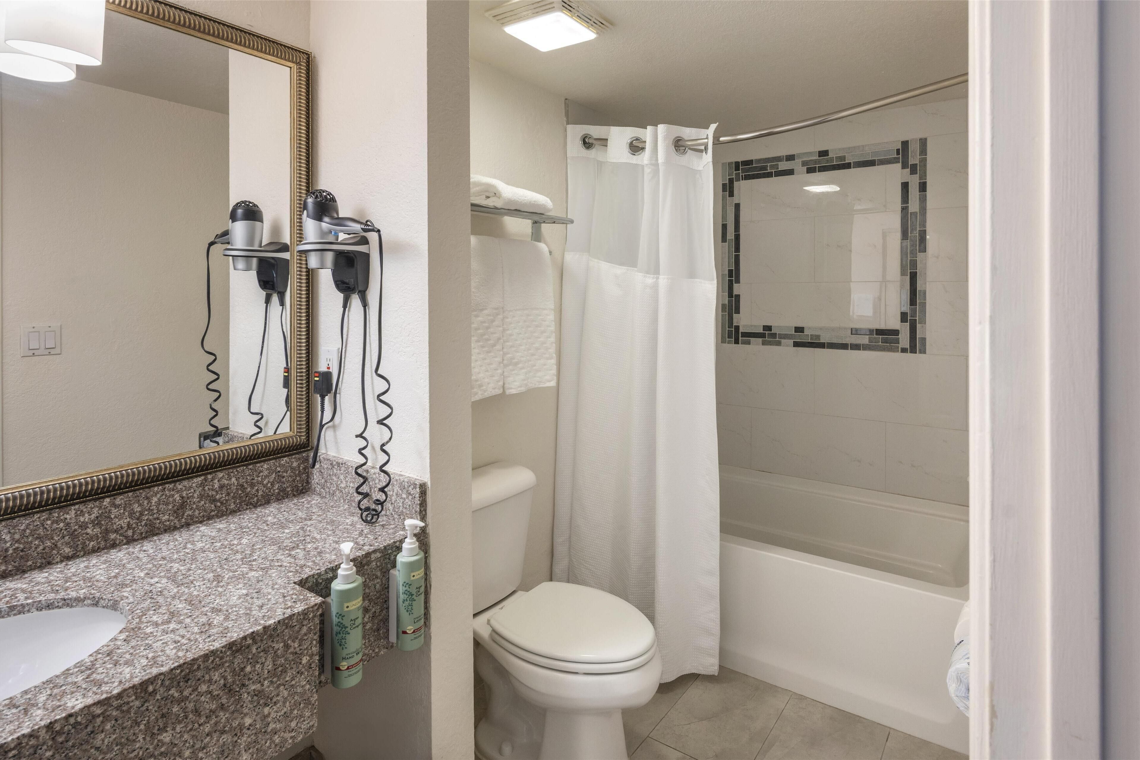 combined shower/bathtub, free toiletries, hair dryer, towels