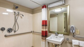 Ein Badezimmer mit Dusche, Waschbecken, Spiegel und Handlauf.