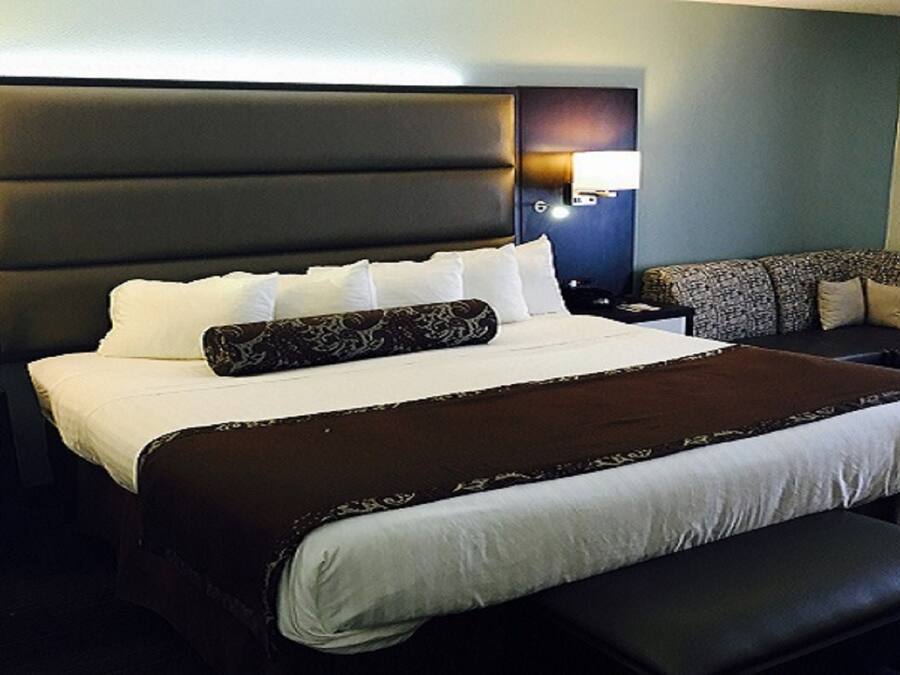 Ein Hotelzimmer mit einem großen Bett, einer Couch, einem Nachttisch und einer Lampe.