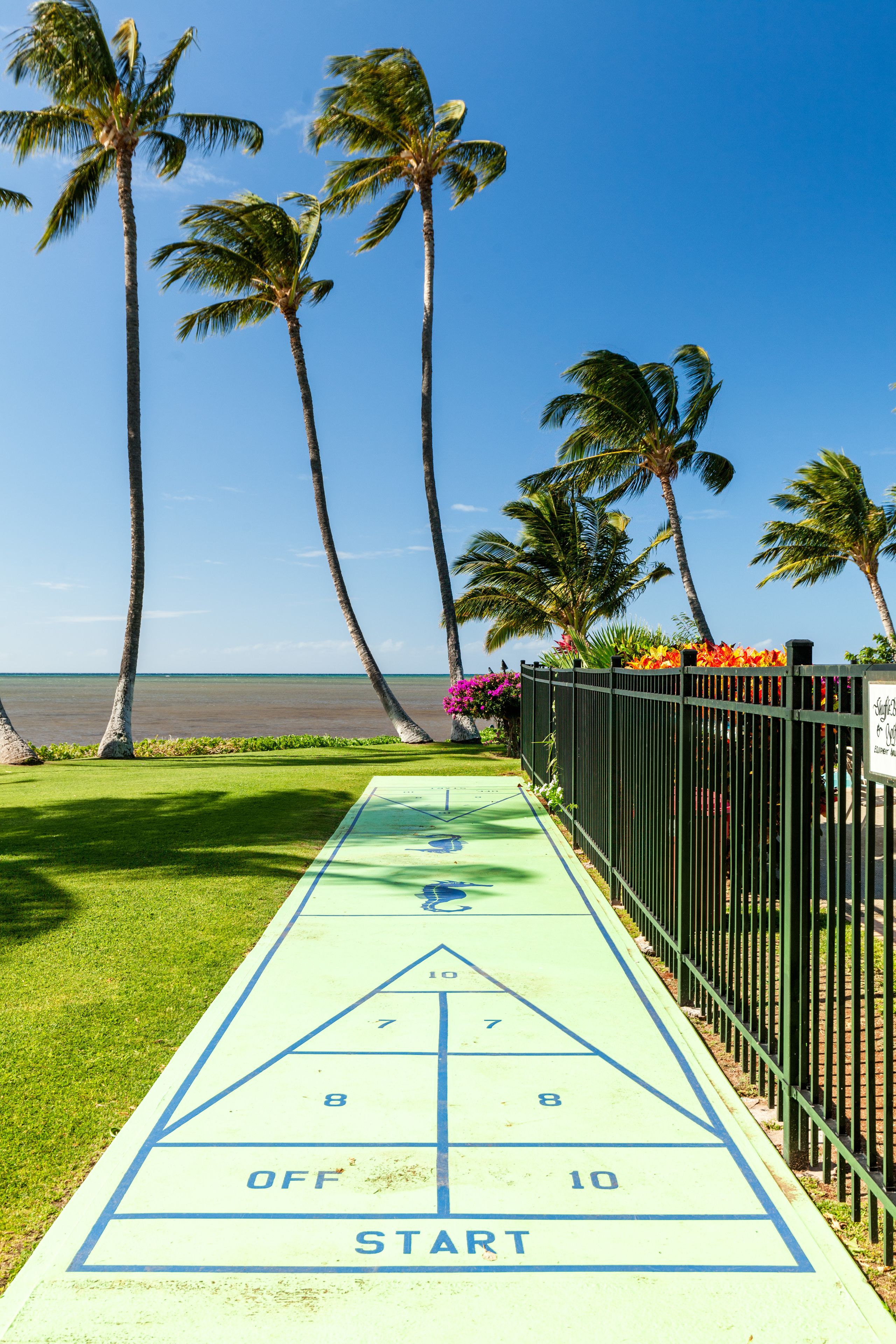 A shuffleboard court with a green surface, marked with numbers and the words "OFF" and "START".